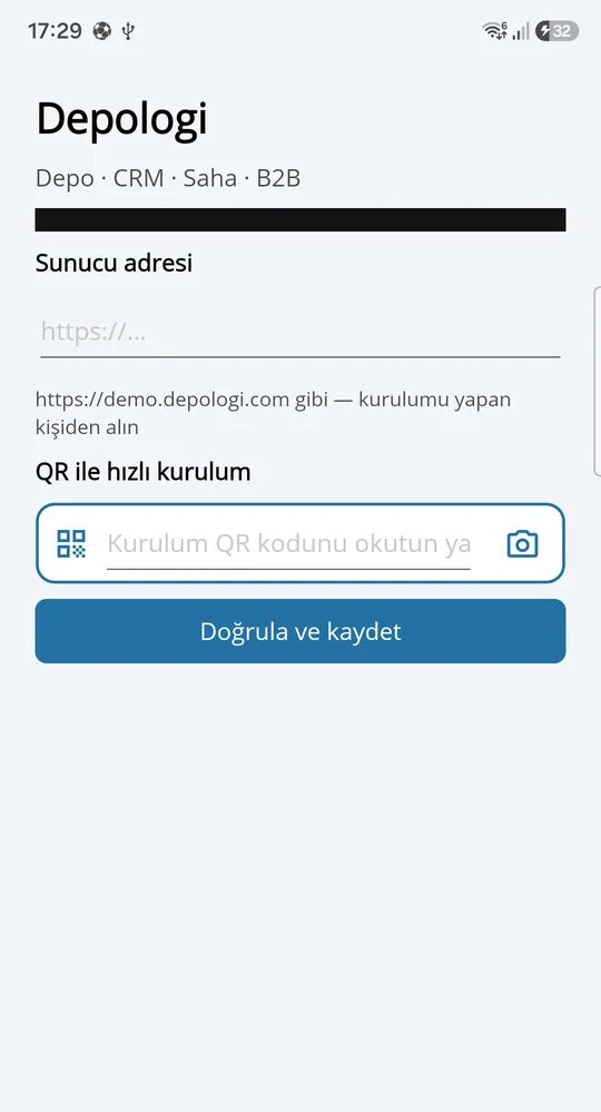 Depologi Android uygulamasının QR ile sunucuya bağlanma ekranı
