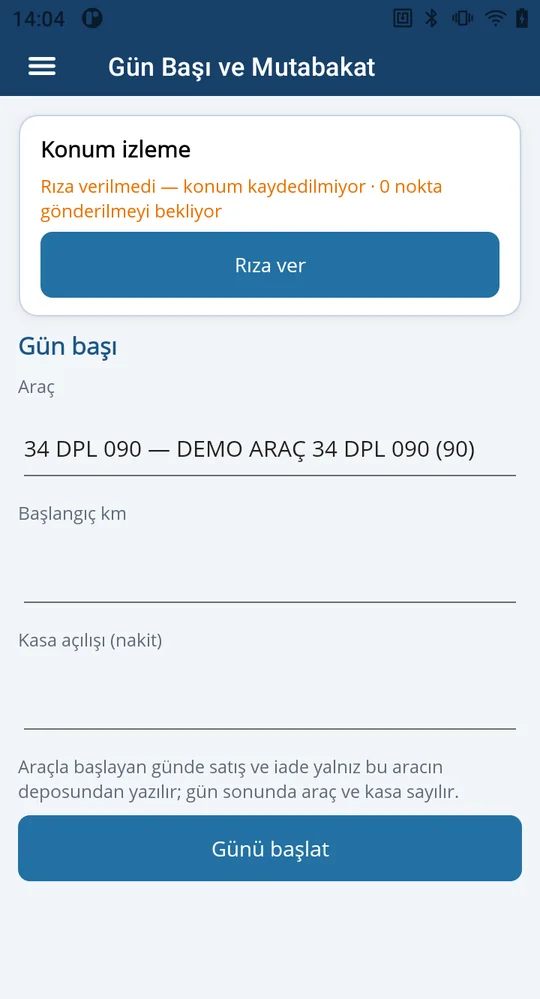 Plasiyer gün başı ekranı: araç, kilometre ve kasa açılışı