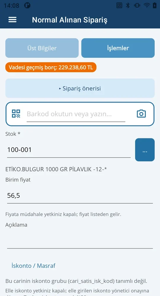 Saha sipariş ekranı