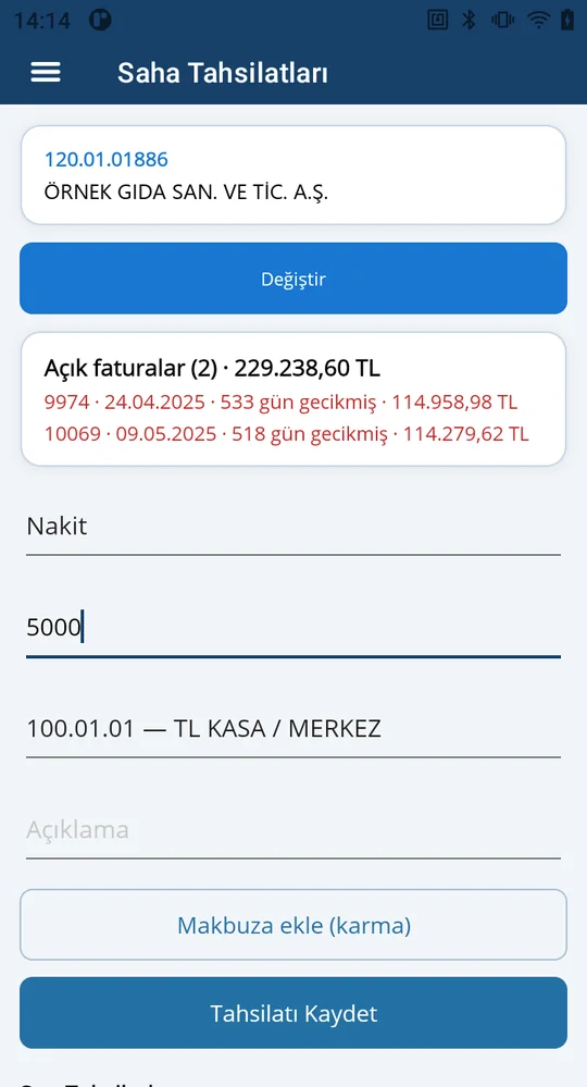 Depologi Android uygulamasında mobil tahsilat makbuzu ekranı