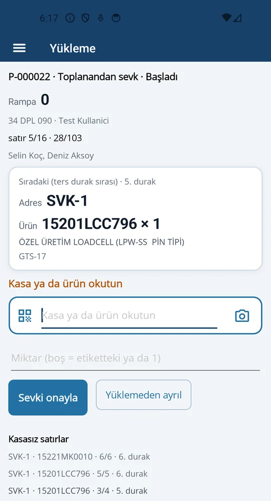 El terminalinde ekiple araç yükleme ekranı