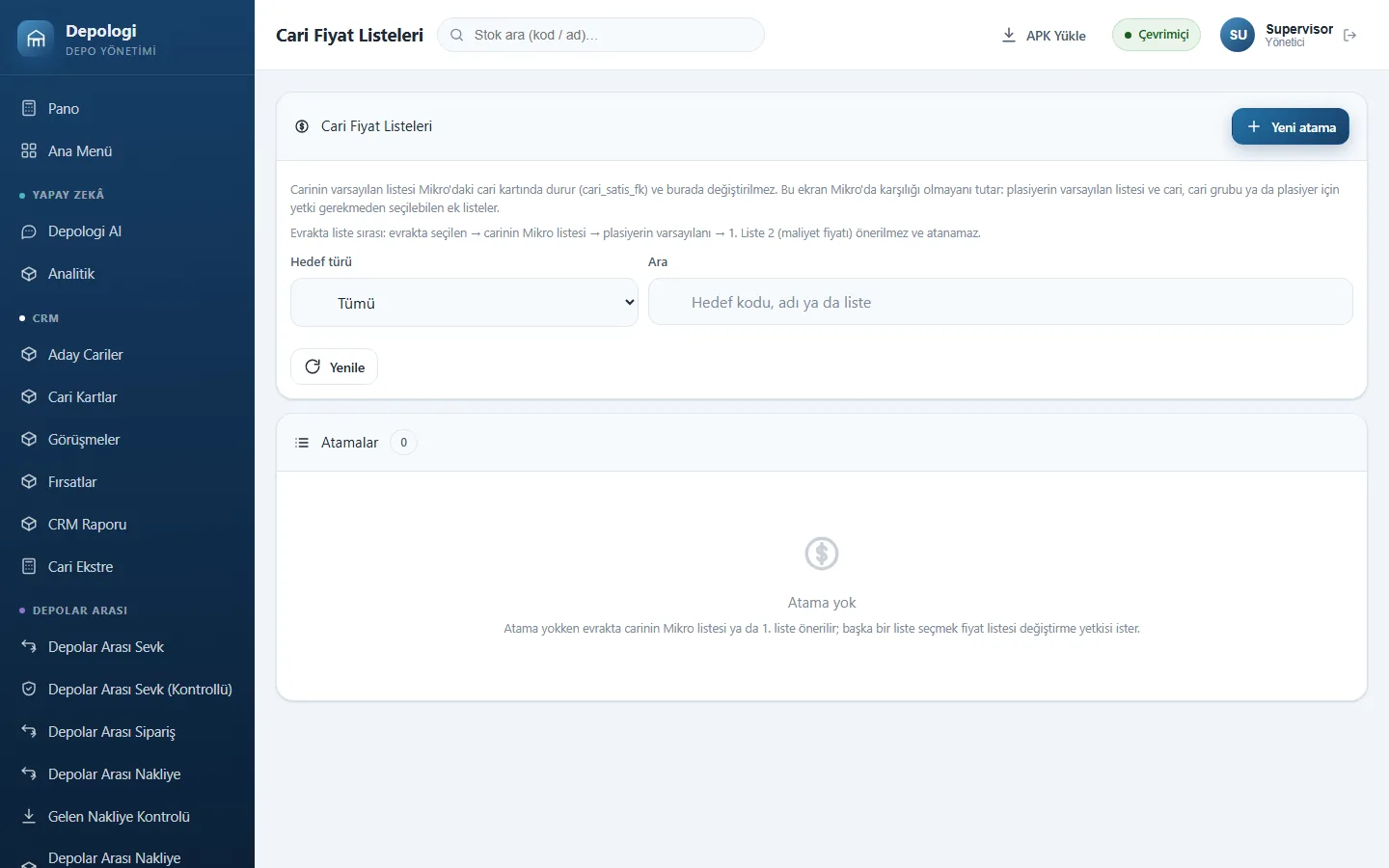 Mikro carisine bağlı fiyat listelerinin Depologi web ekranı