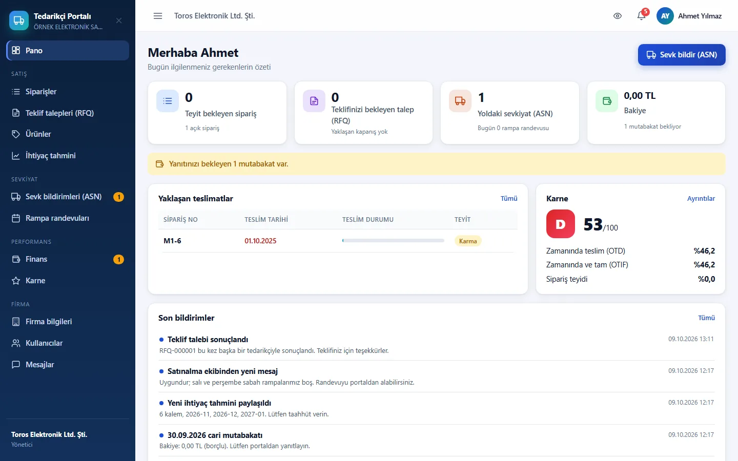 Tedarikçi portalı ana ekranı
