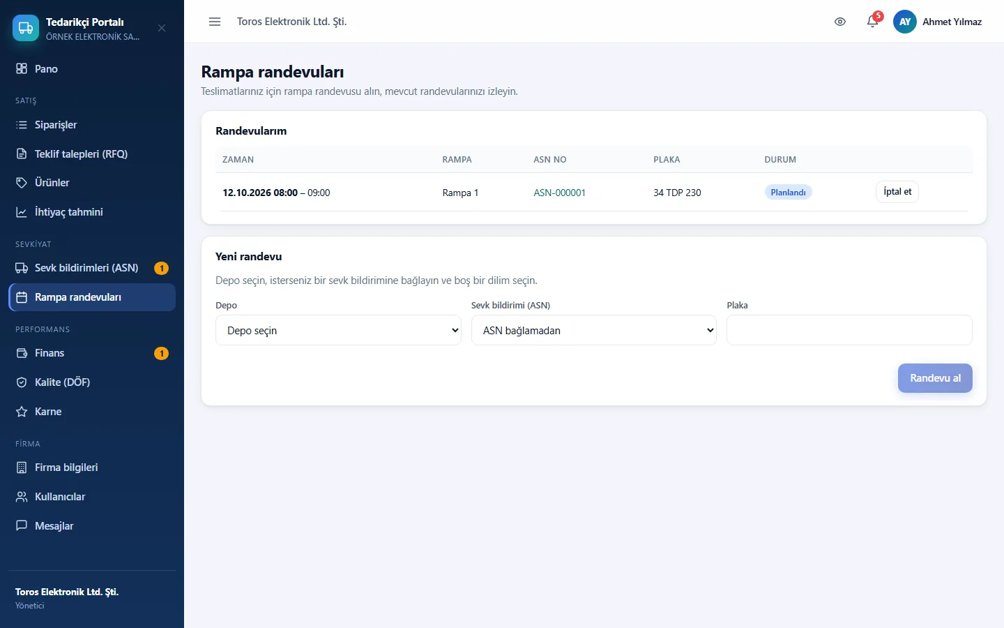 Tedarikçinin rampa randevusu aldığı ekran