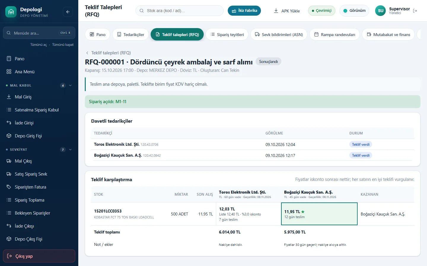 Mikro satınalma için RFQ teklif karşılaştırma ekranı